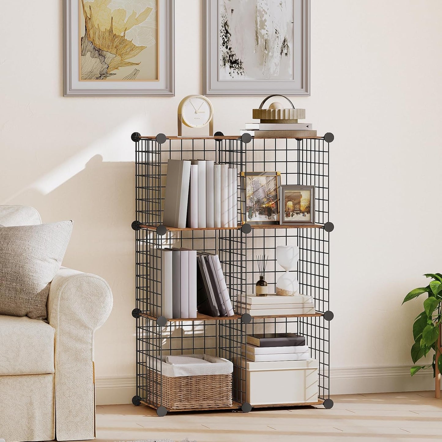 HOOBRO Cube Storage Organizer, 6-Cube Metal Grid Storage Shelf, Modular Cabinet, DIY Cube Storage Organizer, for Living Room, Bedroom, Study, Rustic Brown and Black BF06CW01