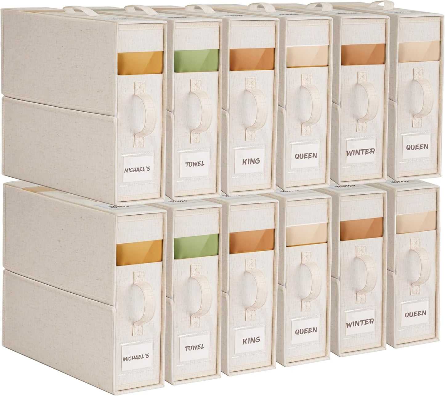 12Pack Linen Sheet Organizers for Linen Closet - King/Queen Size Bedding Storage Boxes with Clear Window | Foldable, Dustproof Sheet Storage Organizer for Blankets & Sheet Sets,Off-white