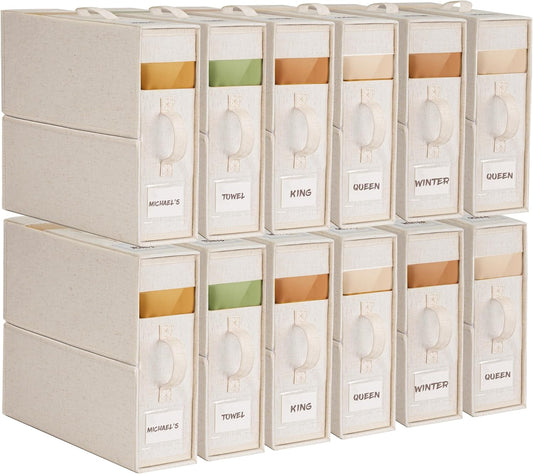 12Pack Linen Sheet Organizers for Linen Closet - King/Queen Size Bedding Storage Boxes with Clear Window | Foldable, Dustproof Sheet Storage Organizer for Blankets & Sheet Sets,Off-white