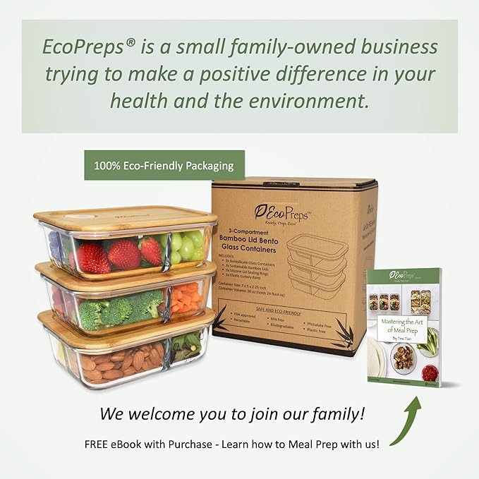 Glass Bento Box Containers with Bamboo Lids, 3 Compartment Glass Meal Prep Containers (3 Pack) - 100% Plastic Free, Eco-Friendly Lunch Container Set, Bamboo Lid Bento Boxes for Adults