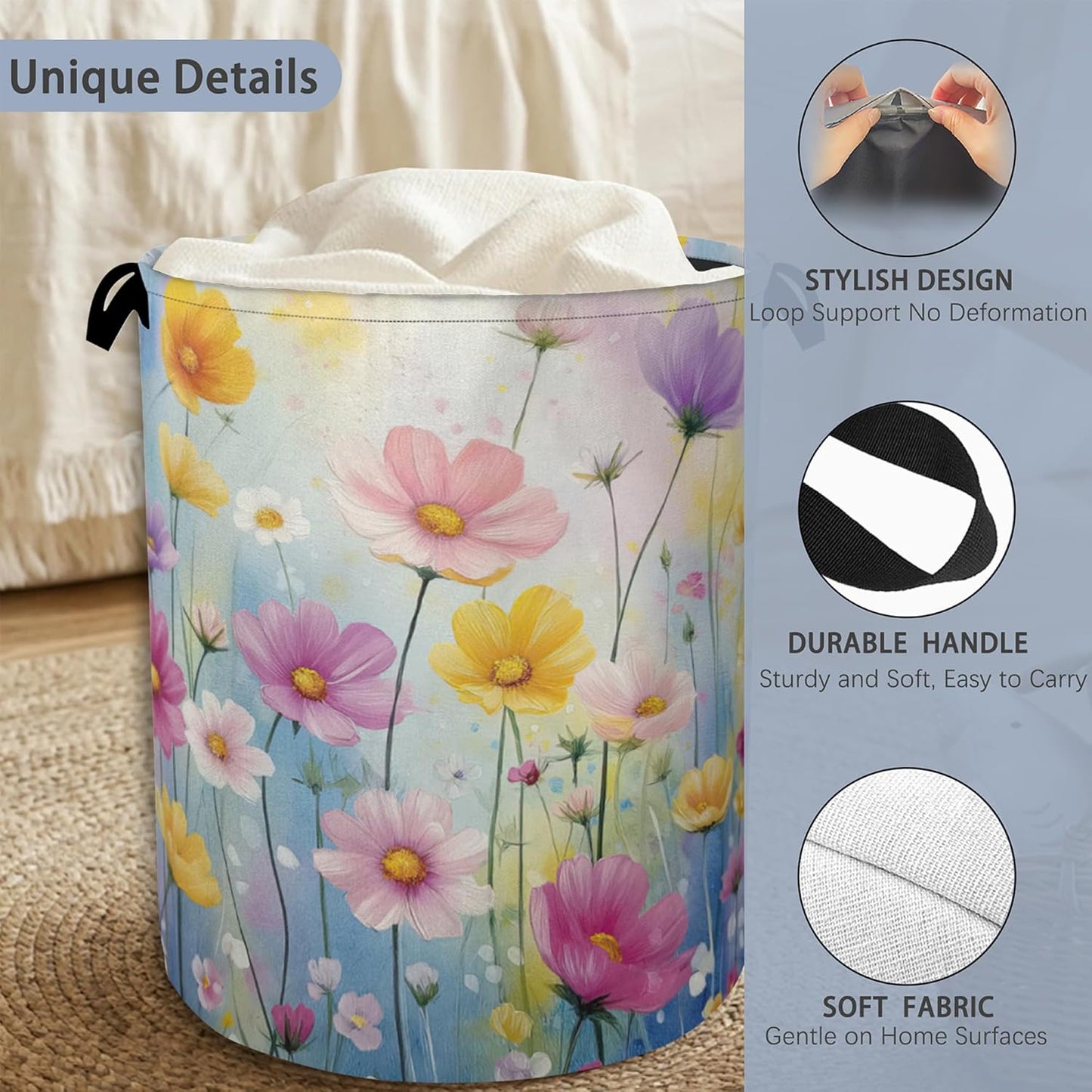 Retro Flowers Floral Laundry Hamper,Dirty Clothes Laundry Basket with Handles Waterproof Oxford Cloth Storage Basket for College Dorms Bathroom Bedroom 16" x 20.8"