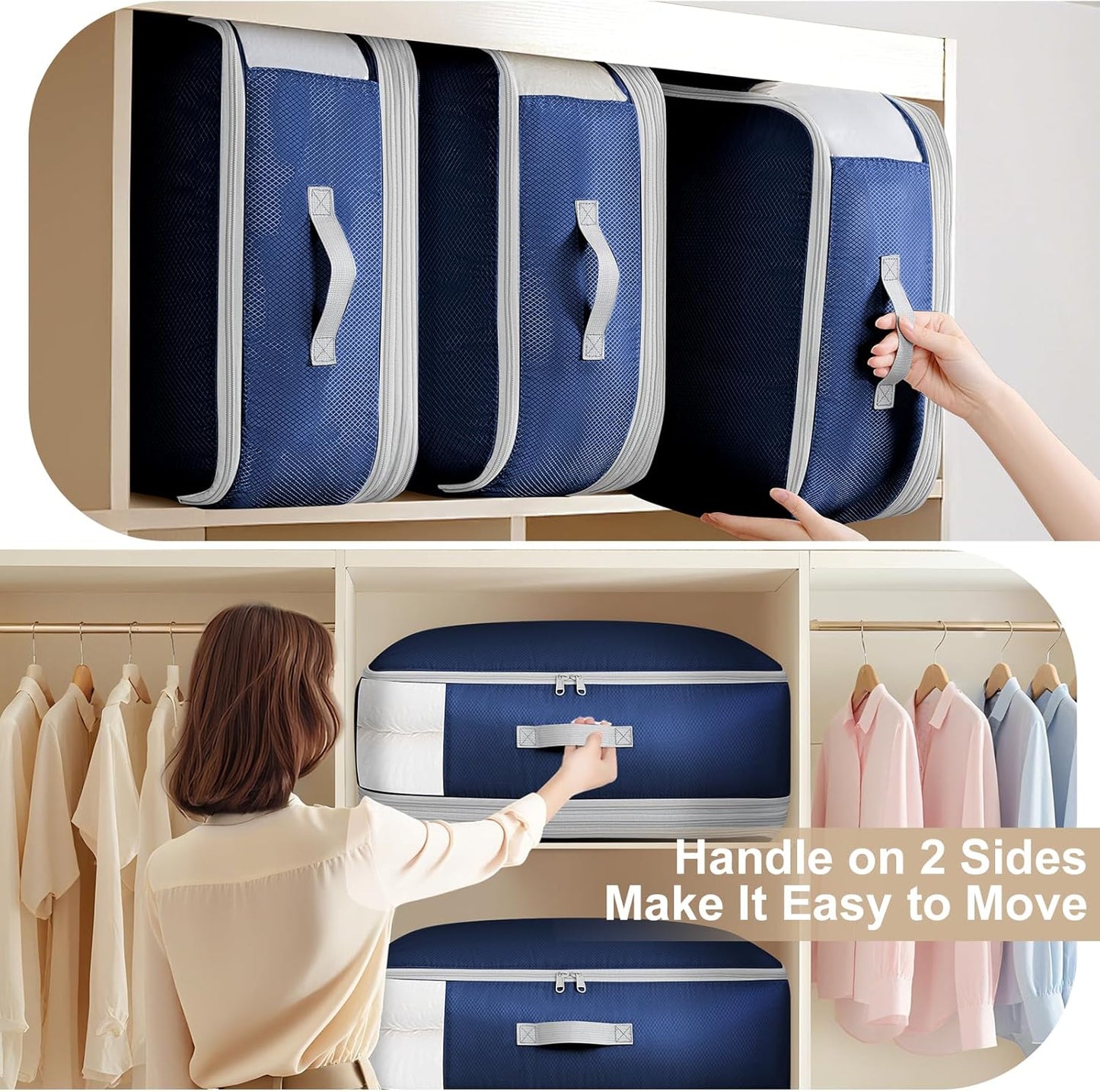 Comforter Storage Bag - Large Capacity Blanket Storage Bags 4-Layer Ultra Space Saving Self Compression Organizer, Washable Compression Bags for Storage Comforter Blanket, 4-Pack, Navy Blue