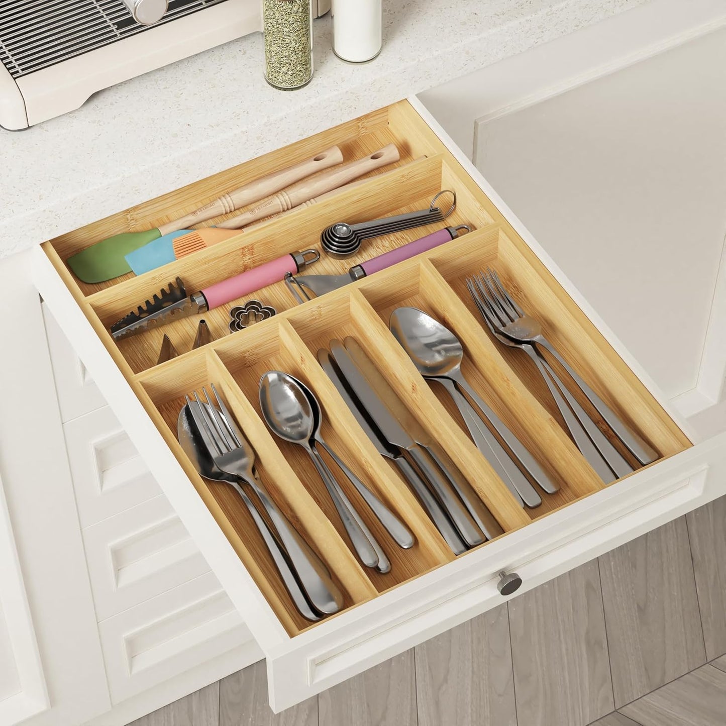 BAMEOS Bamboo Silverware Drawer Organizers, 11.9 inch Utensil Drawer Organizer for Kitchen Drawers, 7 Slots Total Large Flatware Organizer for Knives Cutlery Spoons Forks (Natural)