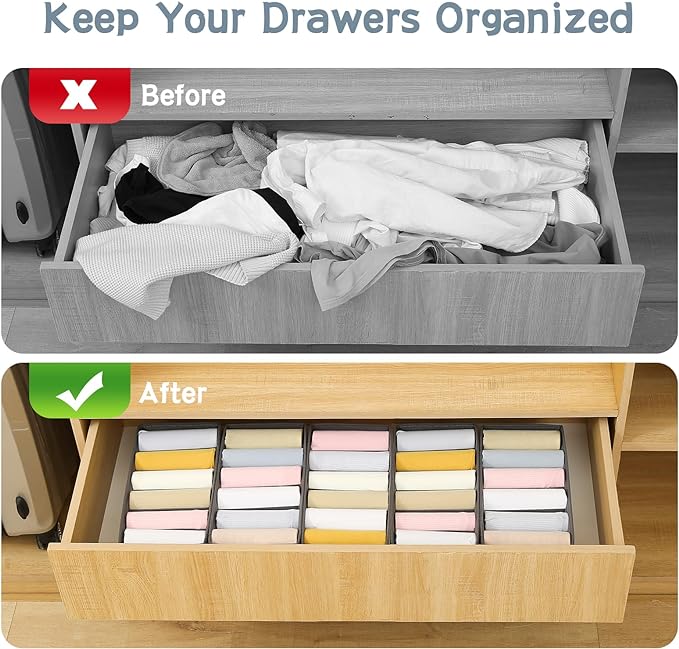 Qozary 3 Pack Sock Underwear Drawer Organizer Dividers, Non-Woven Fabric Collapsible Cabinet Closet Storage Boxes for Clothes, Socks, Lingerie, Underwear, Tie, Belt, Baby, Bedroom (Gray, 6 Cells)