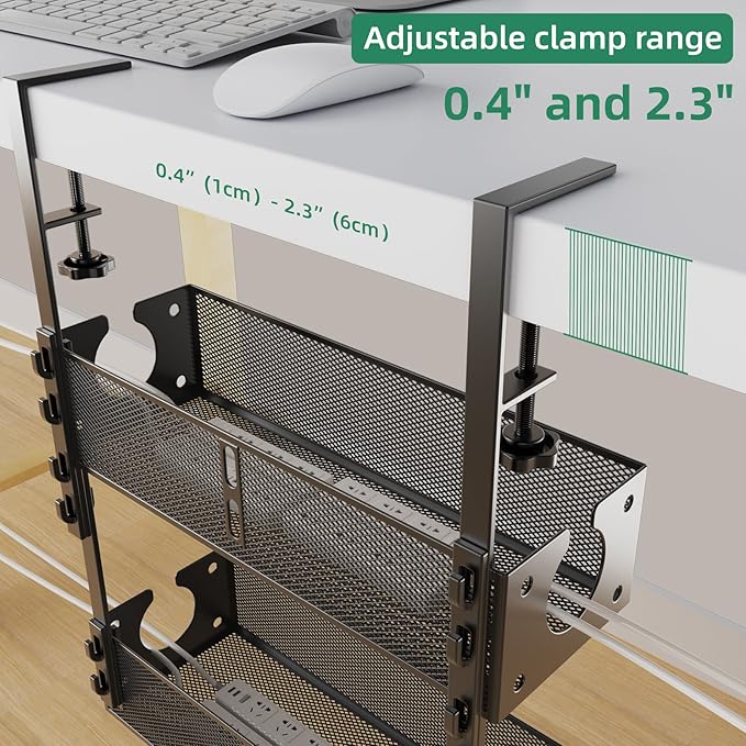 Multi-Model Under Desk Cable Management Tray 2 Packs Metal Under Desk Wire Management Clamp Mount Under Table Cord Management No Damage The Desk (Black)
