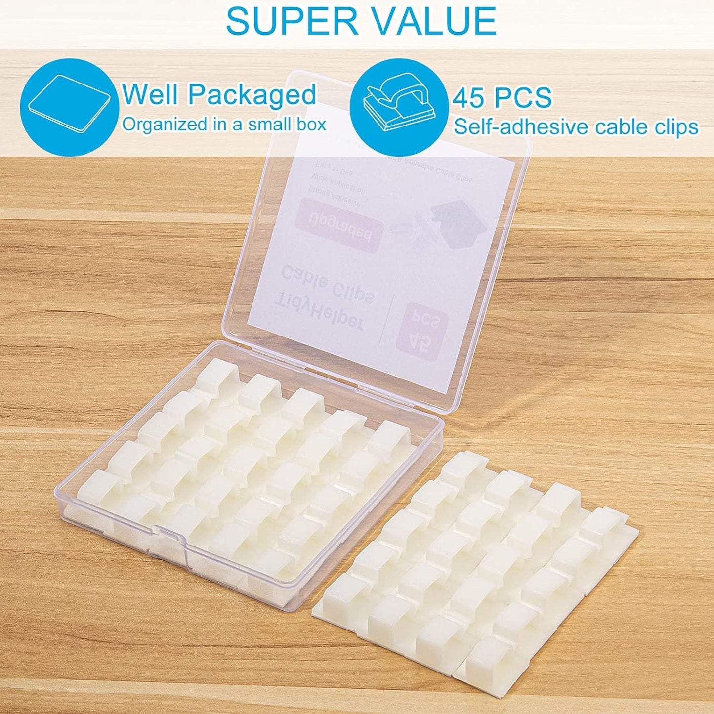 Adhesive Cable Clips White (Large, 45 PCS), Upgraded Wire Clips for Electric Wires, Cord Holders Management Under Desk, Car, Extension Cord, Ethernet Cable, LED Lights