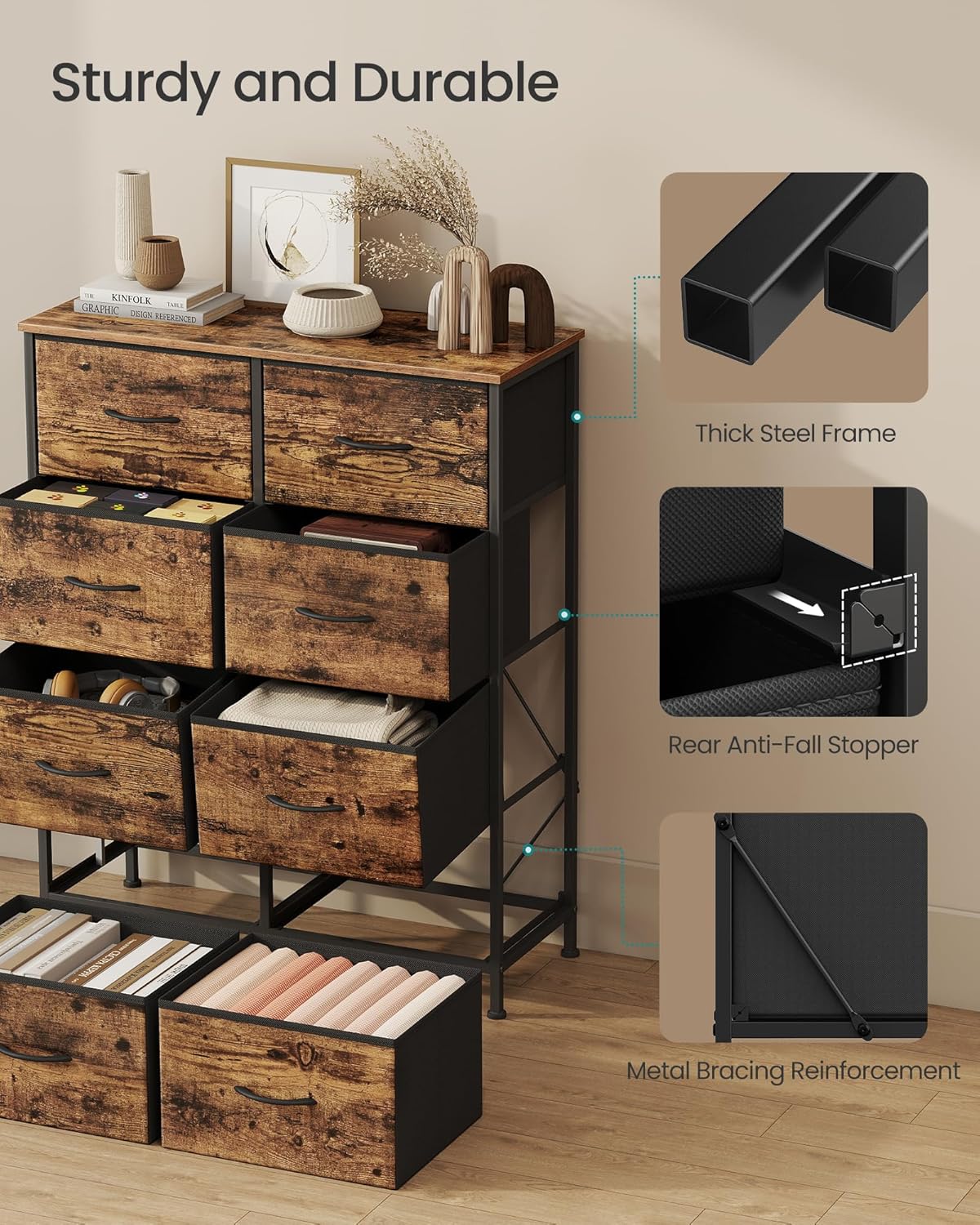 SONGMICS Dresser for Bedroom, Chest of Drawers, Steel, MDF, 8 Non-Woven Fabric Drawers, Storage Organizer Unit, Closet, Entryway, Rustic Brown and Ink Black LGS124B02S