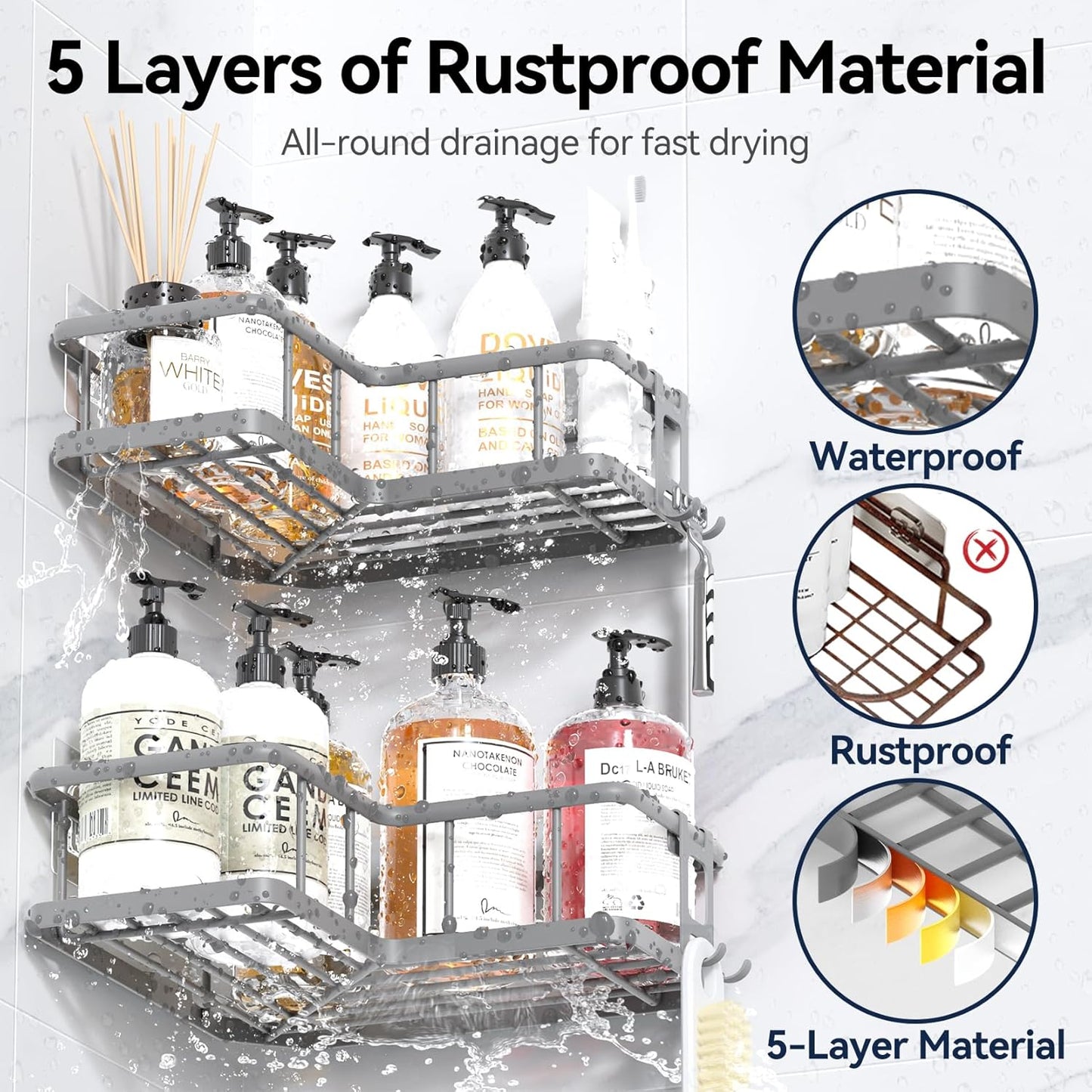 YASONIC Shower Caddy Corner, 3-Pack Adhesive Rustproof Stainless Steel Shower Shelves with Soap Holder, No Drilling Shower Organizer Corner for Dorm, Renters Bathroom, Grey