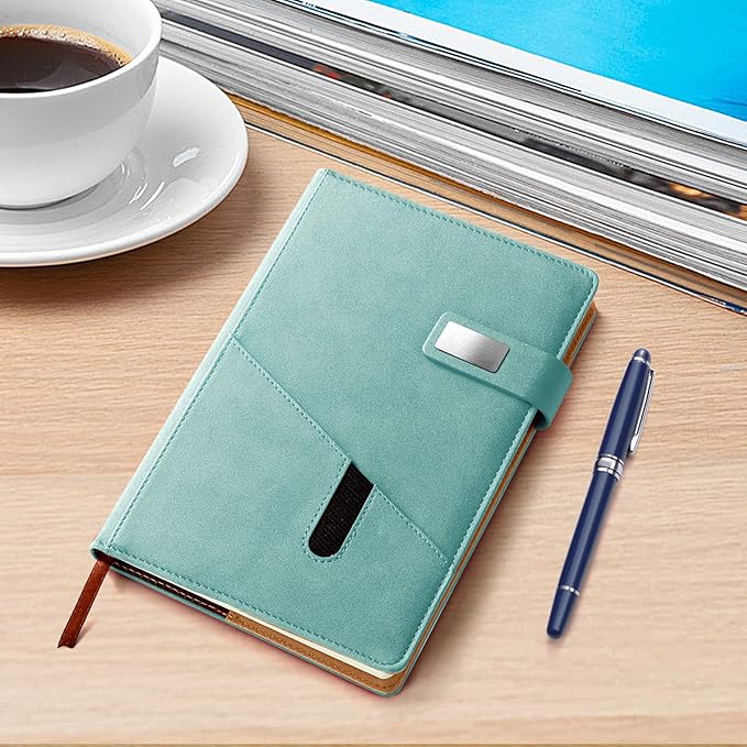A5 Lined Leather Notebook and Pen Set with Gift Box, 240 Pages Refillable Journal with Pocket and Magnetic Buckle, Hardcover Daily Diary for Men and Women Business Travel Personal Writing- Light Green