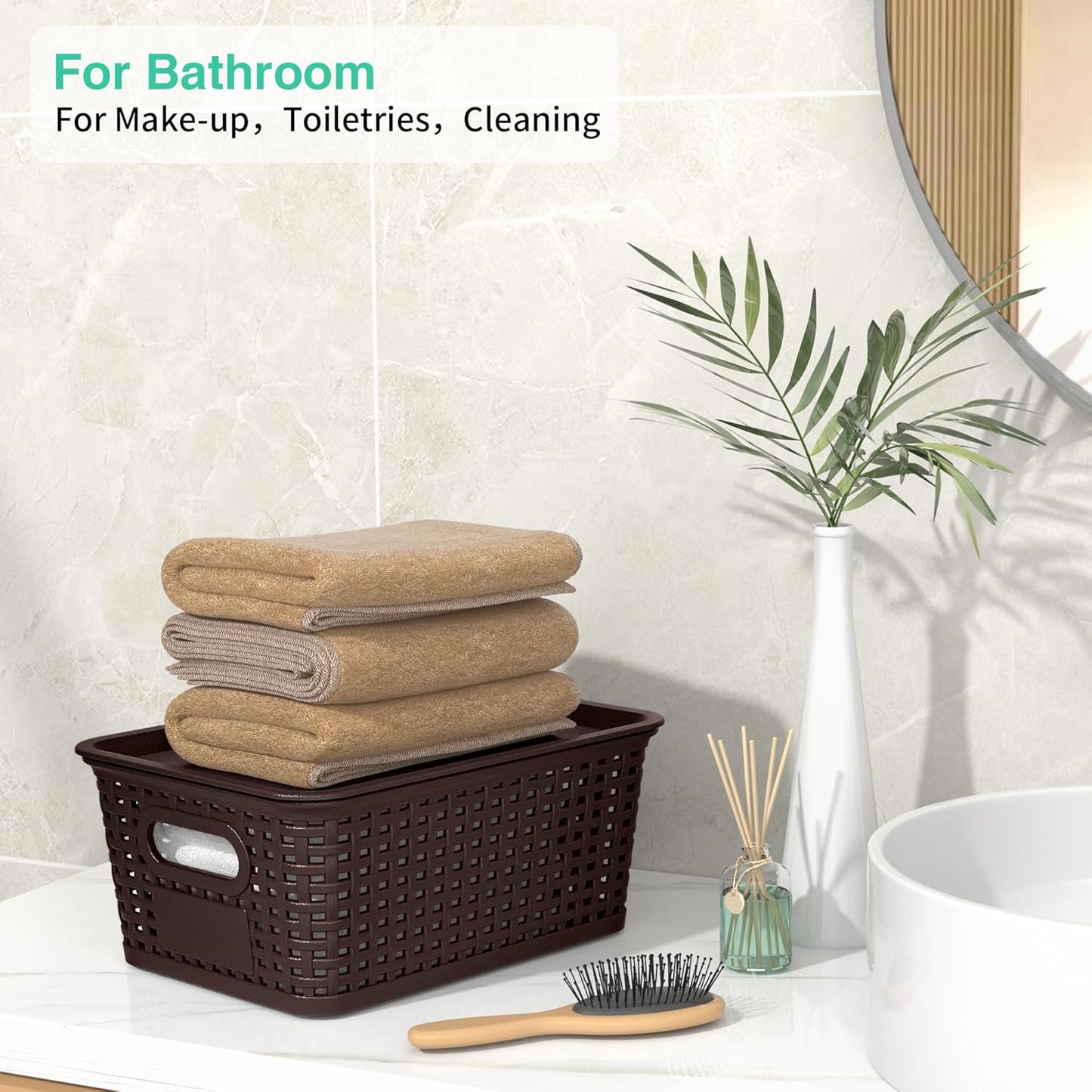 8-Pack Brown Plastic Storage Baskets with Lids, Label Organizers, Stackable Organizer Containers: For Organizing Shelves, Drawers, Desk Closets, Playrooms, Classrooms, Offices