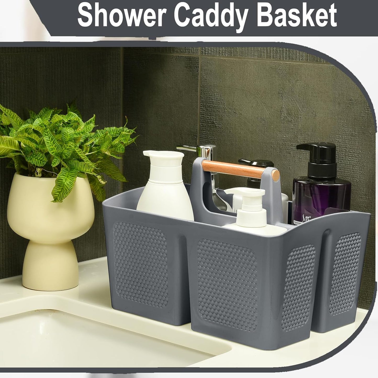 Haundry Plastic Gray Shower Caddy Basket with 3 Compartments, Portable Divided Bathroom Cleaning Caddy Organizer Storage Tote with Handle for Dorm,College, Room Essentials