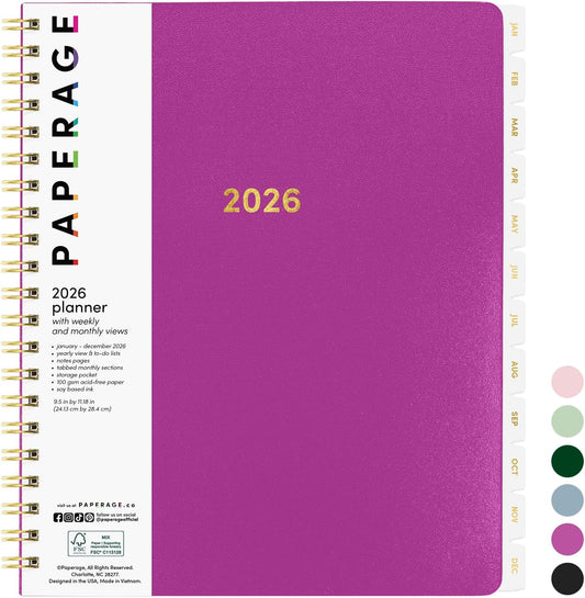 PAPERAGE 2026 Weekly & Monthly Planner, 12 Months (January 2026 - December 2026), 9.2 in x 11.2 in, Spiral Bound 2026 Planner with Weekly, Monthly & Yearly Views, Note Pages & Inner Pocket – Raspberry