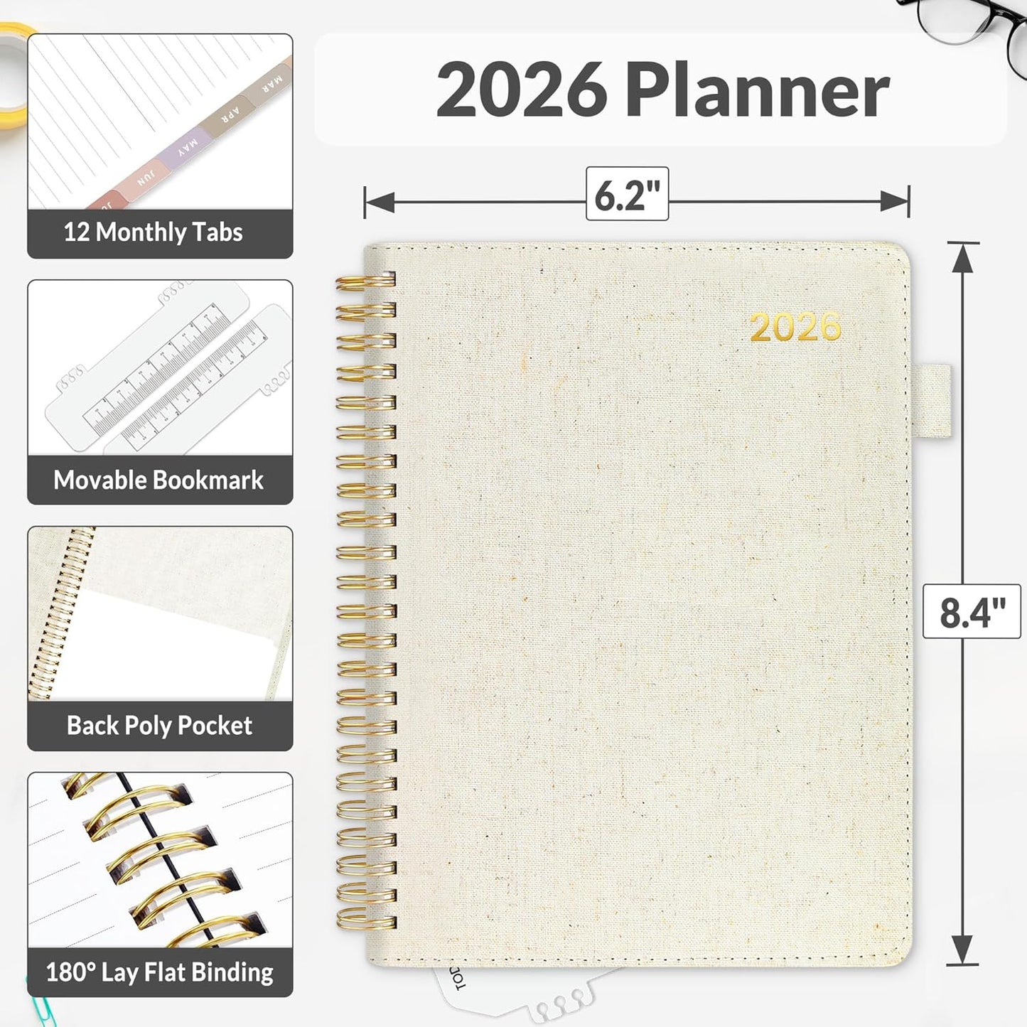 SUNEE 2026 Weekly & Monthly Planner 6.4"x8.5"- 12 Month (January 2026 - December 2026), Vegan Leather Cover, Pocket, Bookmark, Notes, Monthly Tab, Beige