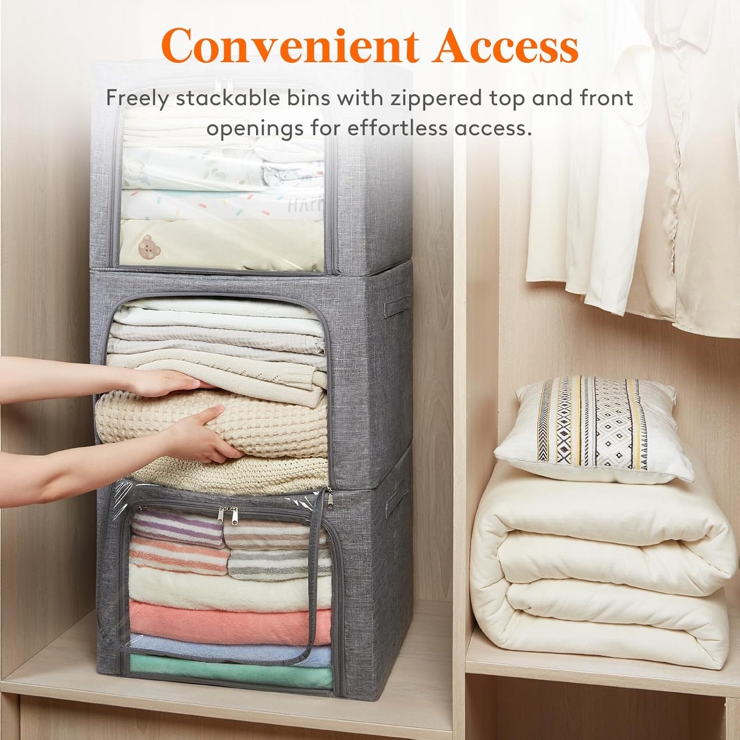 Lifewit Clothes Storage Bins with Metal Frame, Stackable Storage Box, Foldable Clothing Storage Bins with Lids, 75L Storage Bags Fabric Box Organizer with Clear Window＆ Zippers＆ Sturdy Handles 3 Pack