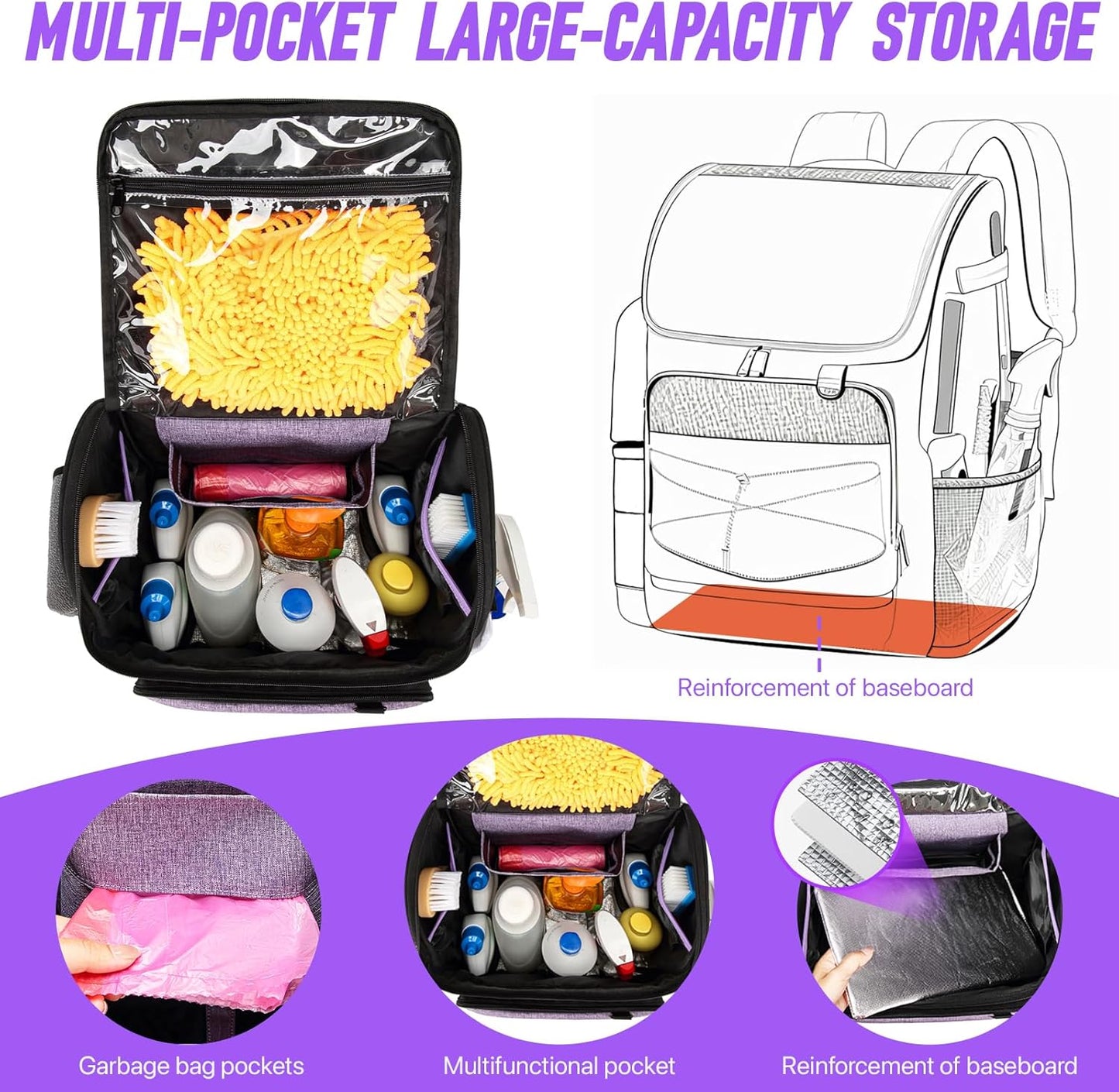 Cleaning Bags, Large Cleaning Supply Caddy With Bottom Plate, Cleaning Caddy Bag For Housekeepers Tools,Cleaning Supplies Organizer With Multiple Pockets