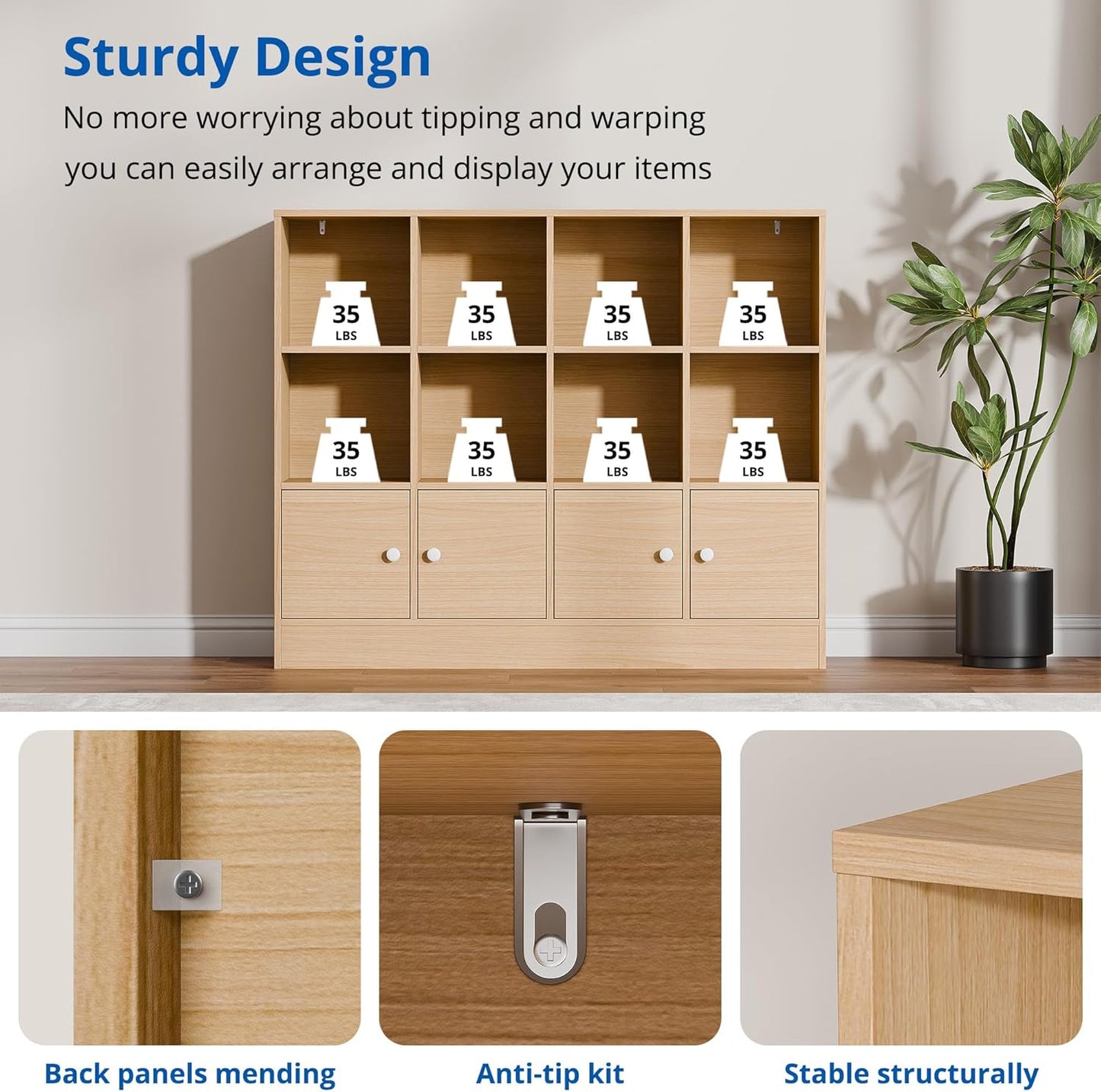 Cozy Castle Oak Wood Bookcase, 12 Cube Storage Organizer Shelf with 4 Doors, 3 Tier Storage Cabinet with Anti-Tilt Device for Bedroom, Living Room, Office