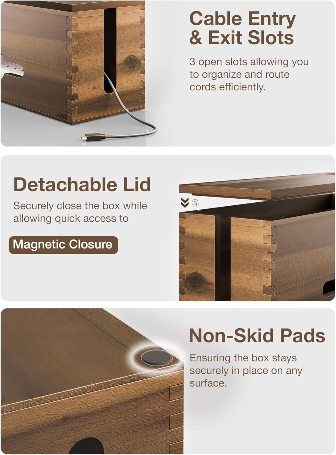 Acacia Large Cable Management Box - 15" L Cord Box Hider, Power Strip Box for Office - Cable Hider Box, Surge Protector Box - Wire Box Hider for Desk - 3 Open Slots, Magnetic Lid (Walnut color)