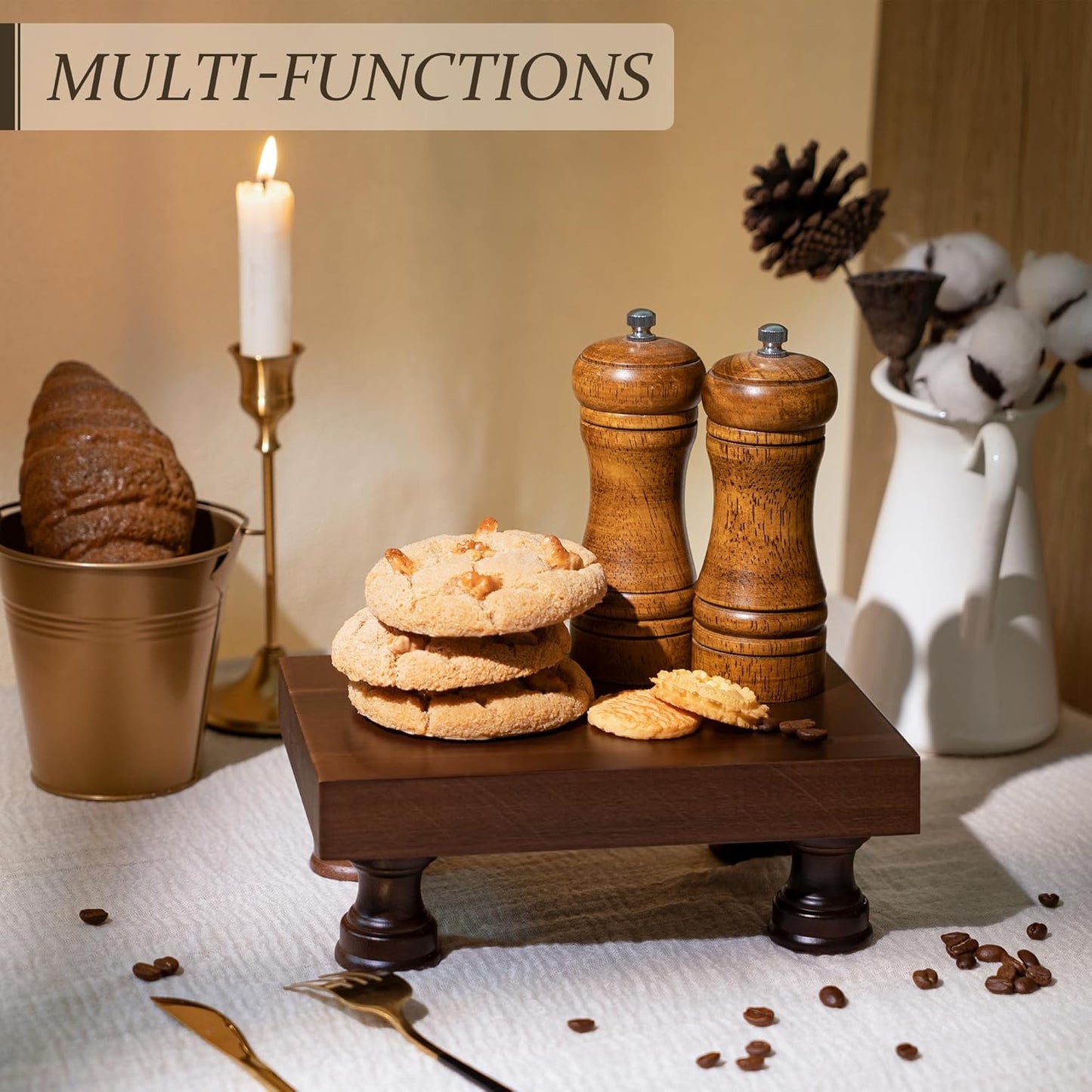 EOSAHR Decorative Display Risers for Farmhouse Decor - Acacia Wood Risers Display Stands for Bathroom Counter Organizer & Kitchen Sink Organizer (Brown Acacia Wood)