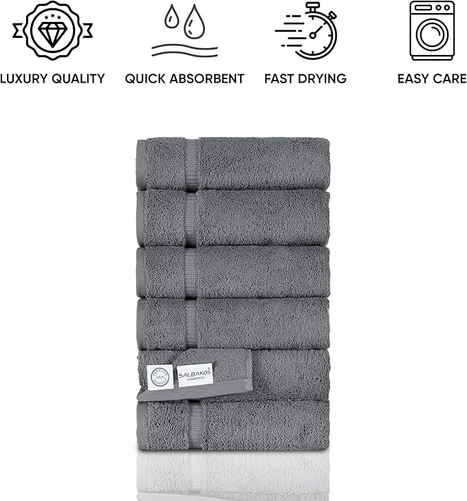 SALBAKOS 100% Turkish Cotton Hand Towel Set of 6 16x30 inch | Heirloom Quality | Hotel & Spa Collection | Ultra Soft, Super Absorbent, Long Lasting Hand Towels | Made in Turkey (Gray, 6 Hand Towels)