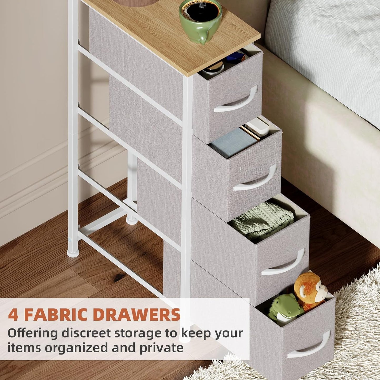 Somdot Narrow Dresser with 4 Drawers, Slim Storage Organizer Chest of Drawers with Removable Fabric Drawers for Small Spaces Bathroom Closet Bedroom Laundry, Ash Grey