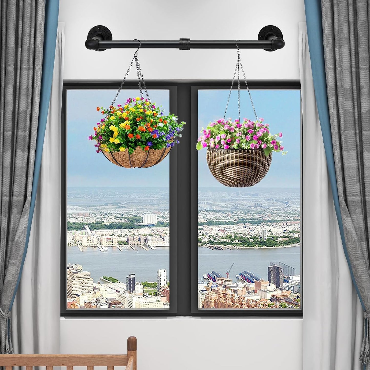 Wall Mount Iron Clothing Rack, Black Steel Laundry Room Drying Rack, Space Saving Coat Closet, 50 lbs Capacity (47 x 11 in)