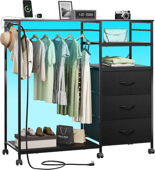 WLIVE 42''W Black Dresser for Bedroom with Hanging Rack, 3 Drawer Dresser with LED Lights & Charging Station, Fabric Dressers & Chest of Drawers, Storage Organizer with Open Shelves for Living Room