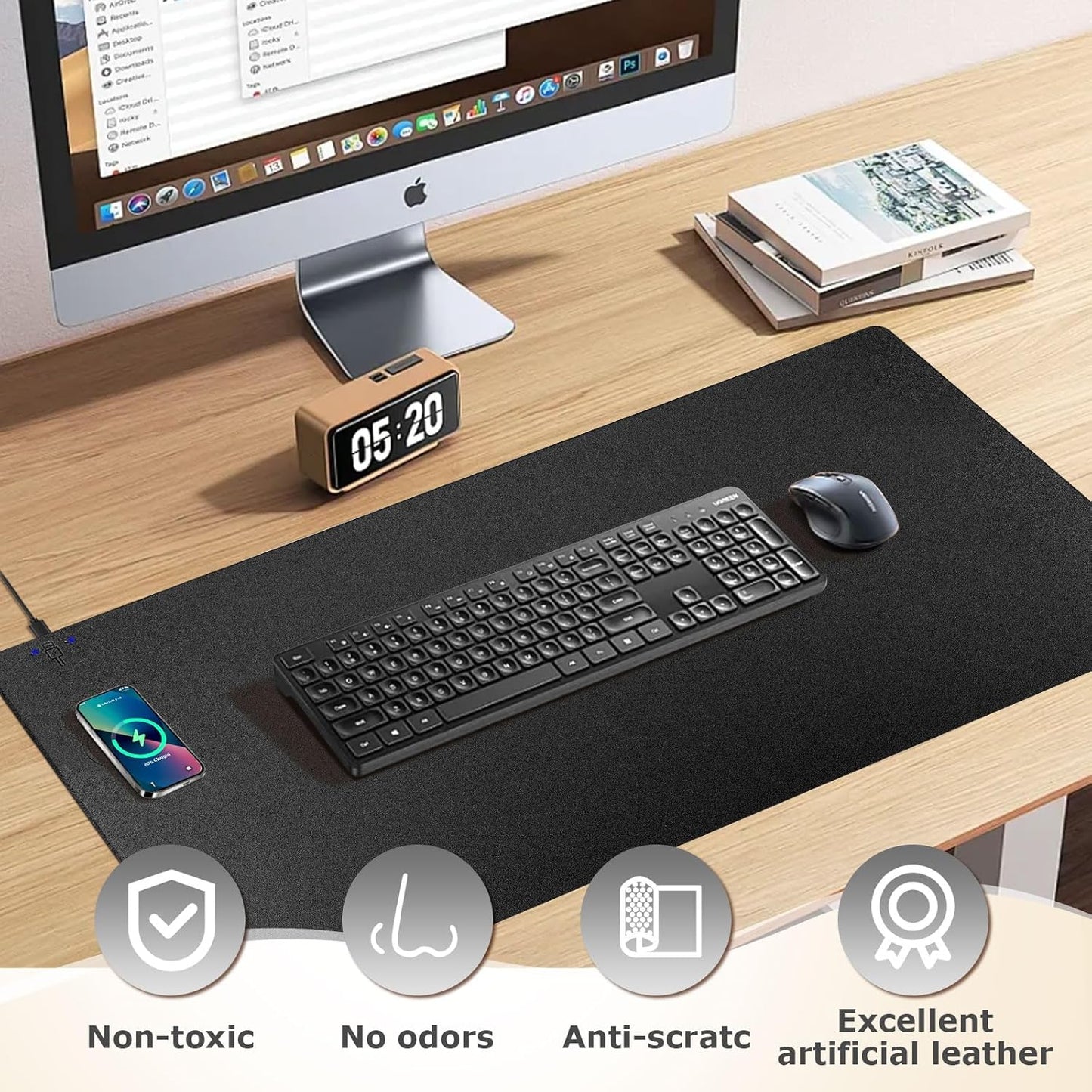Wireless Charging Mouse Pad Firelison 2 in 1 Leather Multifunctional Office Desk Pad with Non-Slip Rubber Base, Waterproof Desk pad for Computers/Office/Work/Home/Decor（ 32" x 16"Black - L）