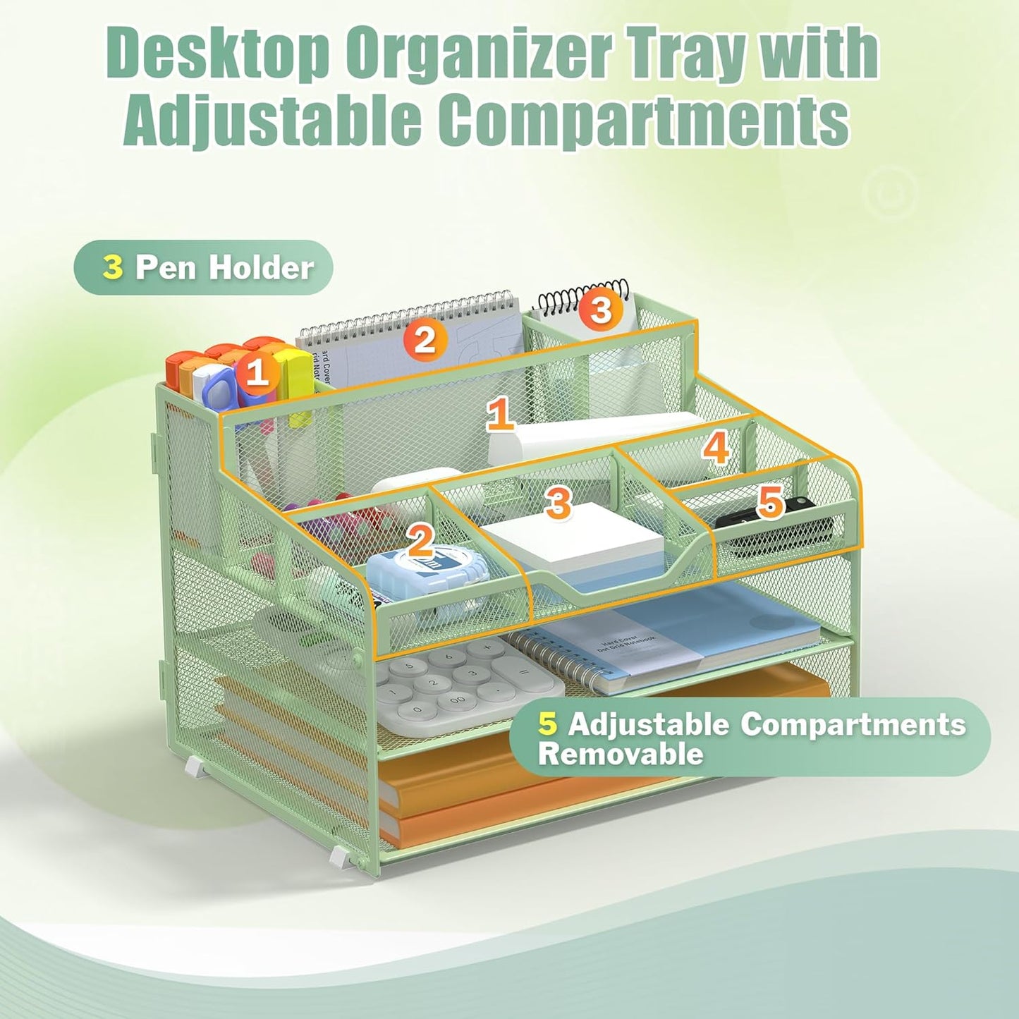 Docnest 3 Tier Mesh Desk Organizer for Paper Office Supplies – Multi-Functional Letter Tray with 5 Adjustable Compartments, 3 Pen Holders, Desktop Storage for Files, Mail, Stationery – Green