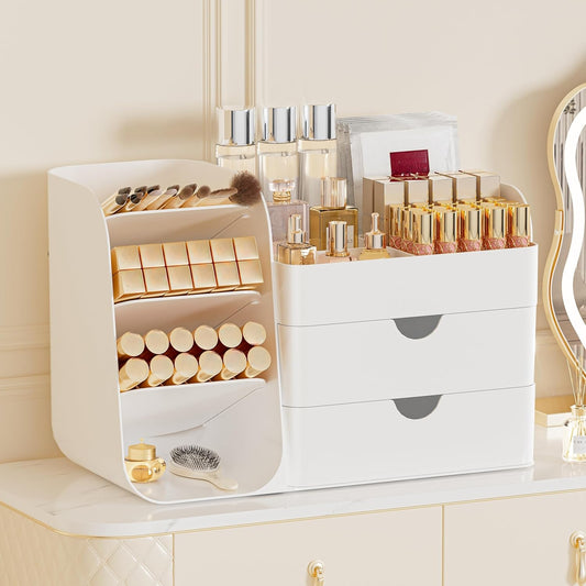Makeup Organizer with 2 M Drawers & Brush Holders - Cosmetic Storage Case for Vanity, Bathroom Countertop & Desk - Skincare & Office Supplies Organizer (All White, M)