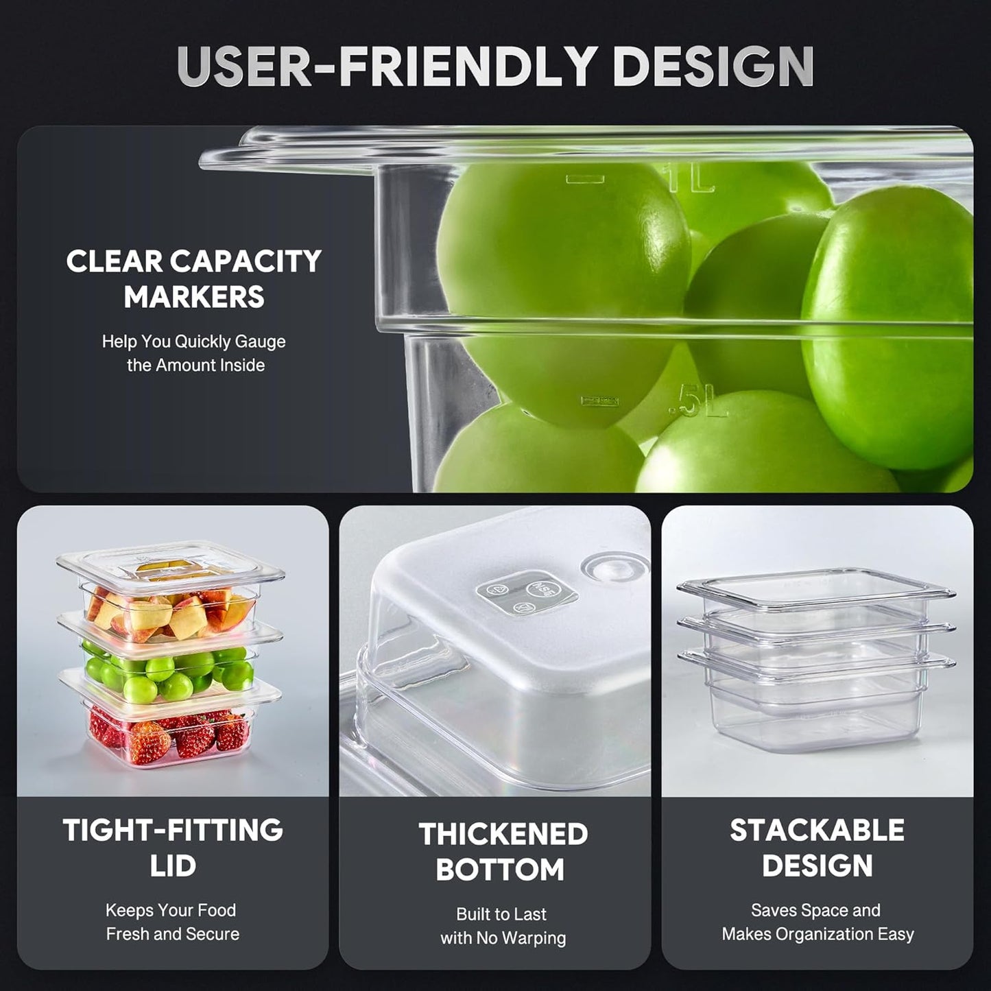 Wilprep 6 Pack Plastic Food Pans with Lids, 1/6 Size 2.5 in Deep Clear Food Storage Containers, 1.1 qt Stackable Polycarbonate Commercial Hotel Pans for Fruits Vegetables Beans Corns, NSF Listed