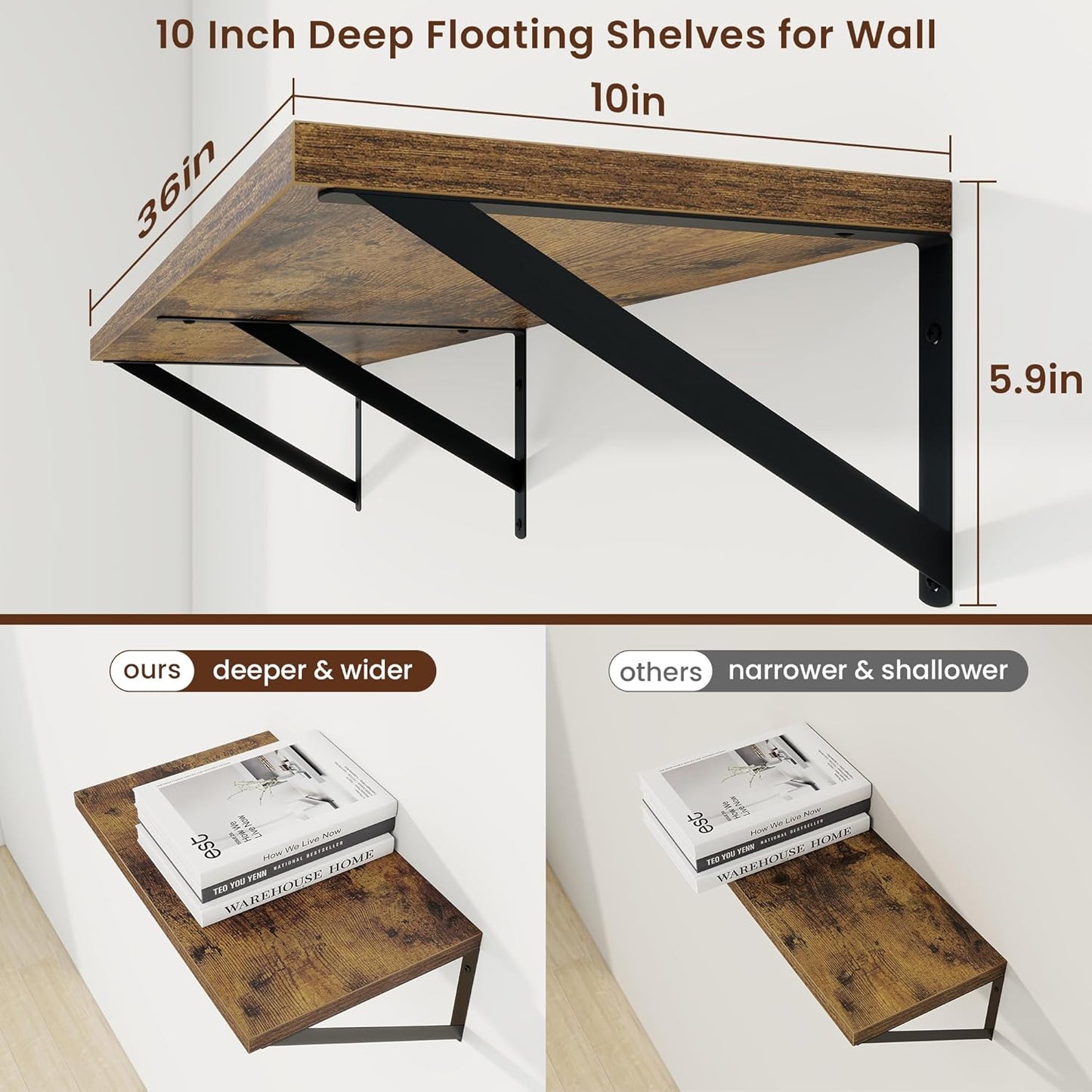 Axeman Deep Floating Shelves for Wall - 36 Inch Wide x 10 Inch Deep Floating Shelves Set of 2 -Rustic Wide Wall Shelves for Living Room Bathroom Bedroom