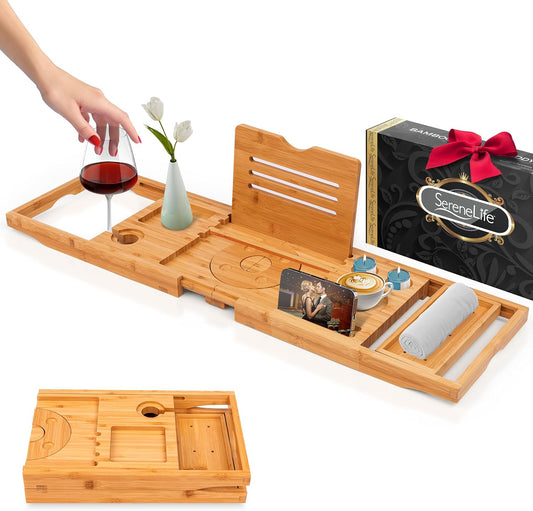 SereneLife Bathtub Tray - Expandable Bath Tray for Tub, Foldable Adjustable Bamboo Caddy with Non-Slip Handles, Device Holder and Wine Glass Slot for Bathing Luxury (Folding, Hard Back, Gift Set)
