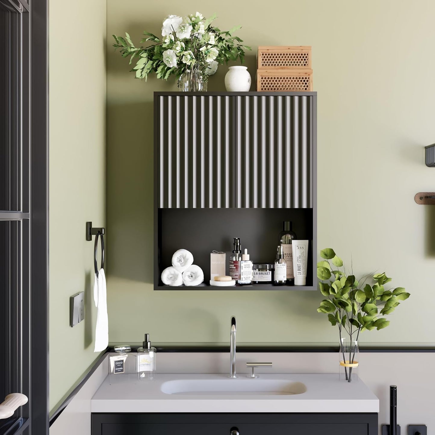 Fluted Bathroom Wall Cabinet,Medicine Cabinet with Adjustable Shelf,Over The Toilet Storage Cabinet for Laundry,Hanging Cabinet,Kitchen and Living Room Cabinets (Black)