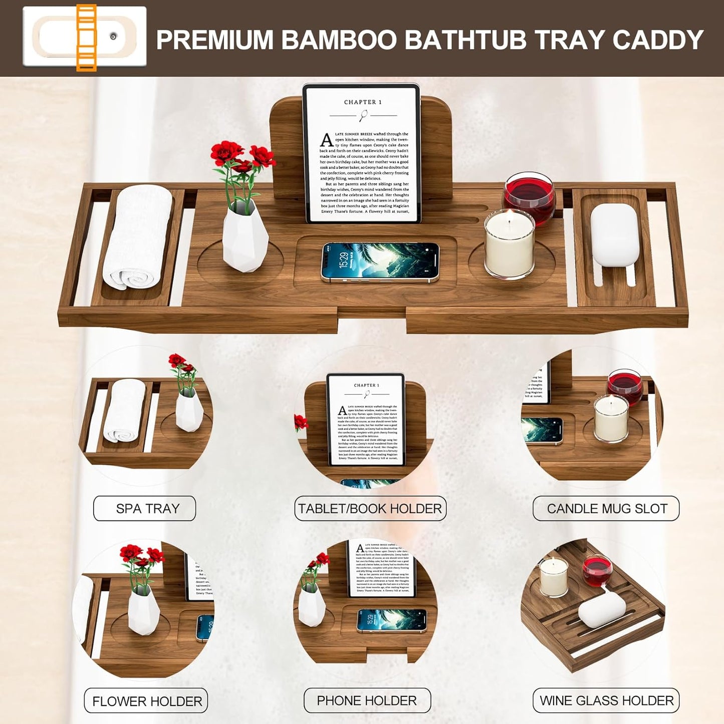 Premium Teak Bathtub Tray Caddy, Expandable Wooden Bath Tray for Bathub, Luxury Bathtub & Bathroom Accessories, Great House Warming, Anniversary & Wedding and Birthday Gifts