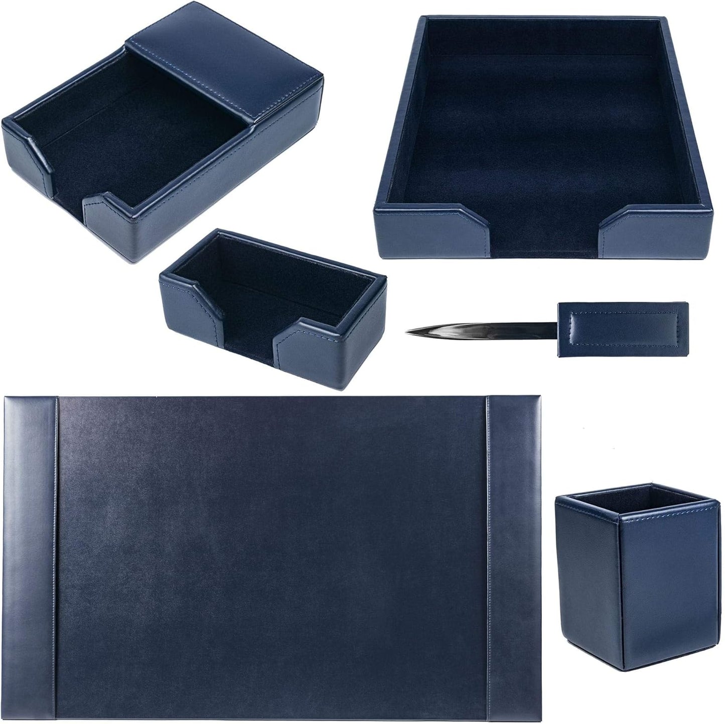 Dacasso Navy Blue 6-Piece Leather Desk Set, Bonded Leather, 30 x 18 x 4, DF-5001