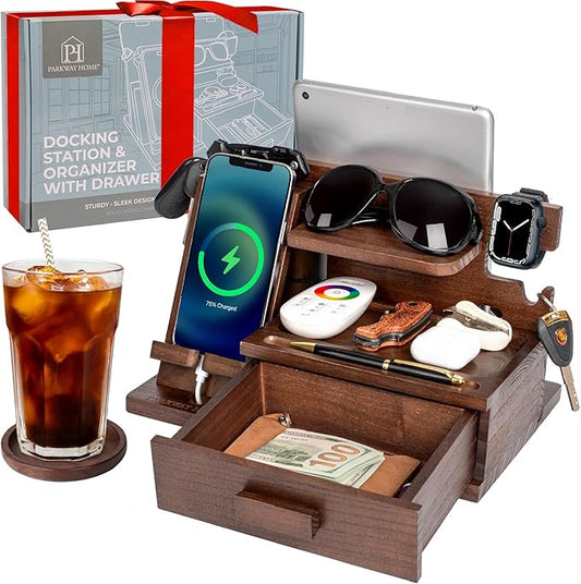 Wood Phone Docking Station with Drawer, Compatible with Apple Watch - Wood Charging Station Organizer Stand, Bedside Nightstand Organizer for Men, Holds Phone, Tablet, Keys, Glasses, EDC