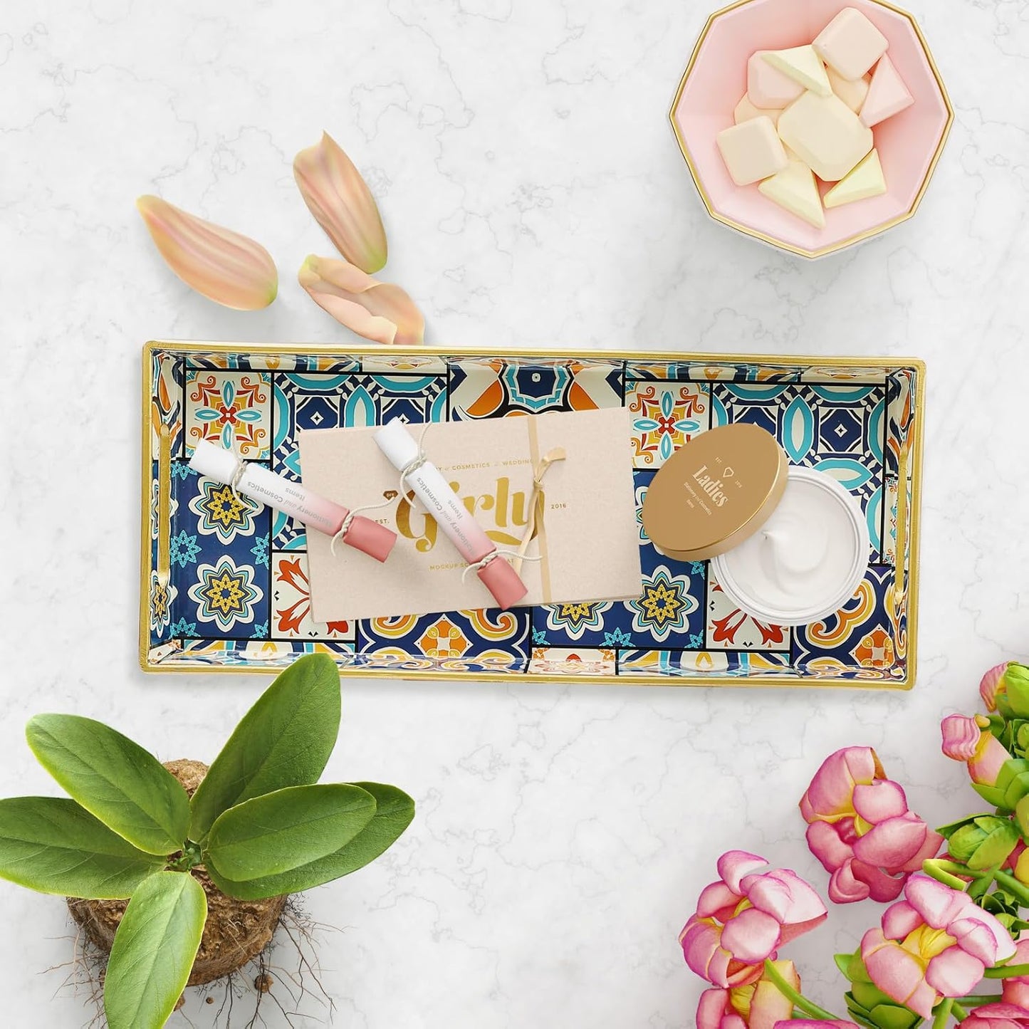 Bathroom Vanity Tray for Countertop, Small Plastic Toilet Tank Tray Versatile Storage & Organization Tray for Makeup, Perfume, Desk, Kitchen, Candles, 13.7"x6"x1.4", 35Boho2