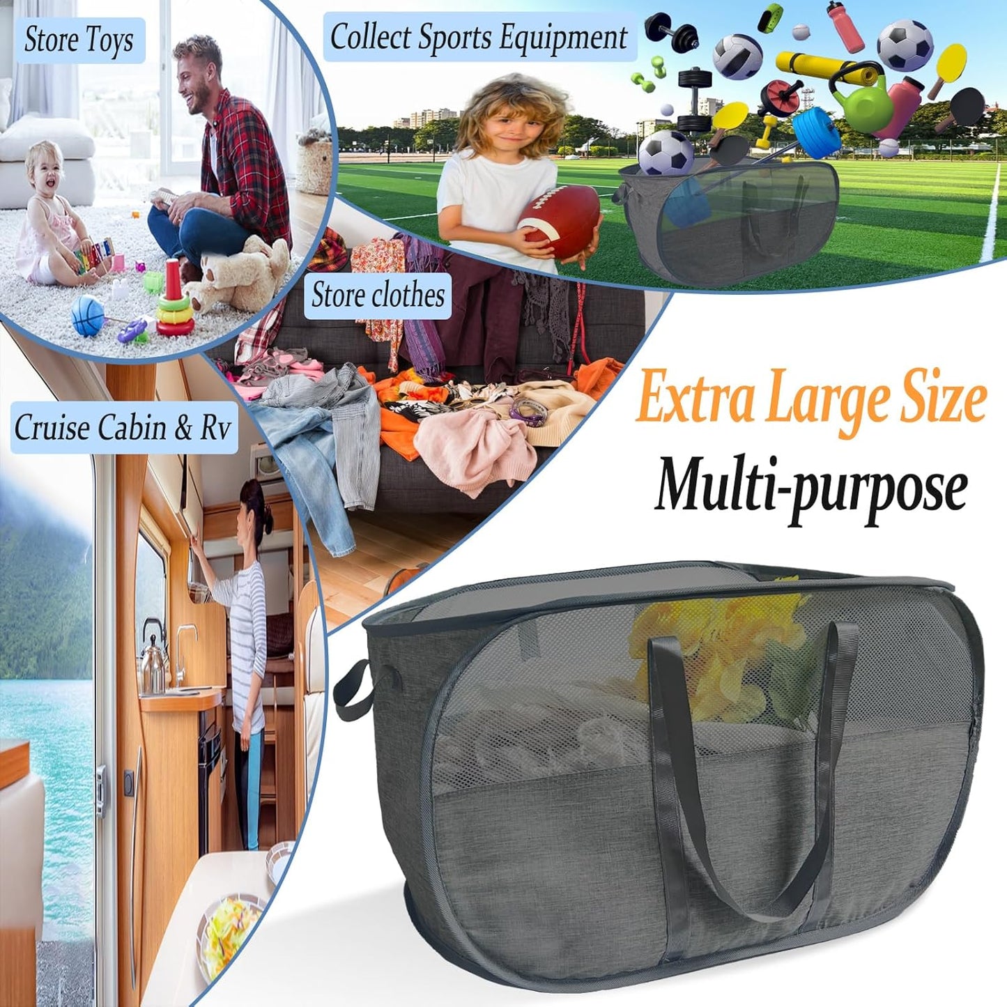 Extra Large Mesh Pop Up Laundry Hamper 2 Pack,100L Collapsible Laundry Baskets, Dirty Clothes Hamper with Reinforced Handles, Folding Hampers for Travel, Nursery, Dorm or Home. Black