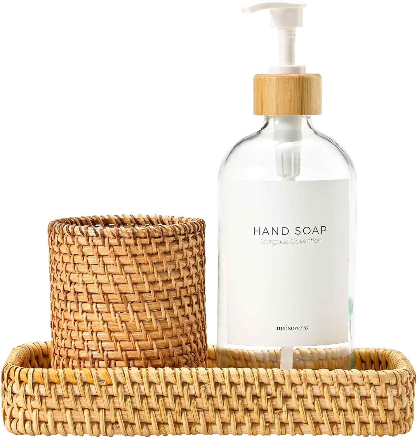 MaisoNovo Rattan Bathroom Set - Clear Countertop Dispenser, Toothbrush Holder & Toothpaste Cup with Tray - Set of 3 - Rattan Bathroom Vanity Trays Rectangle for Storage