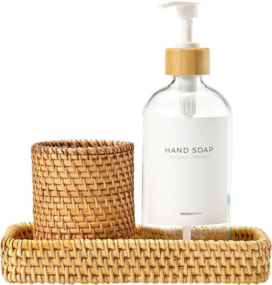 MaisoNovo Rattan Bathroom Set - Clear Countertop Dispenser, Toothbrush Holder & Toothpaste Cup with Tray - Set of 3 - Rattan Bathroom Vanity Trays Rectangle for Storage