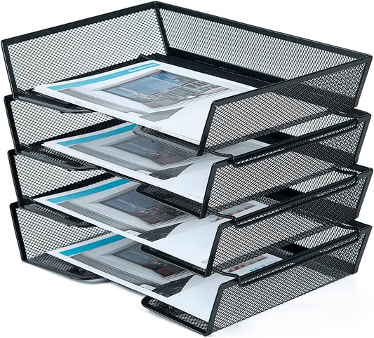 SETTFRFE 4 Tier Metal Mesh Desk Organizer-Stackable Letter Trays for Office Supplies,Black File Storage System with Reinforced Edges