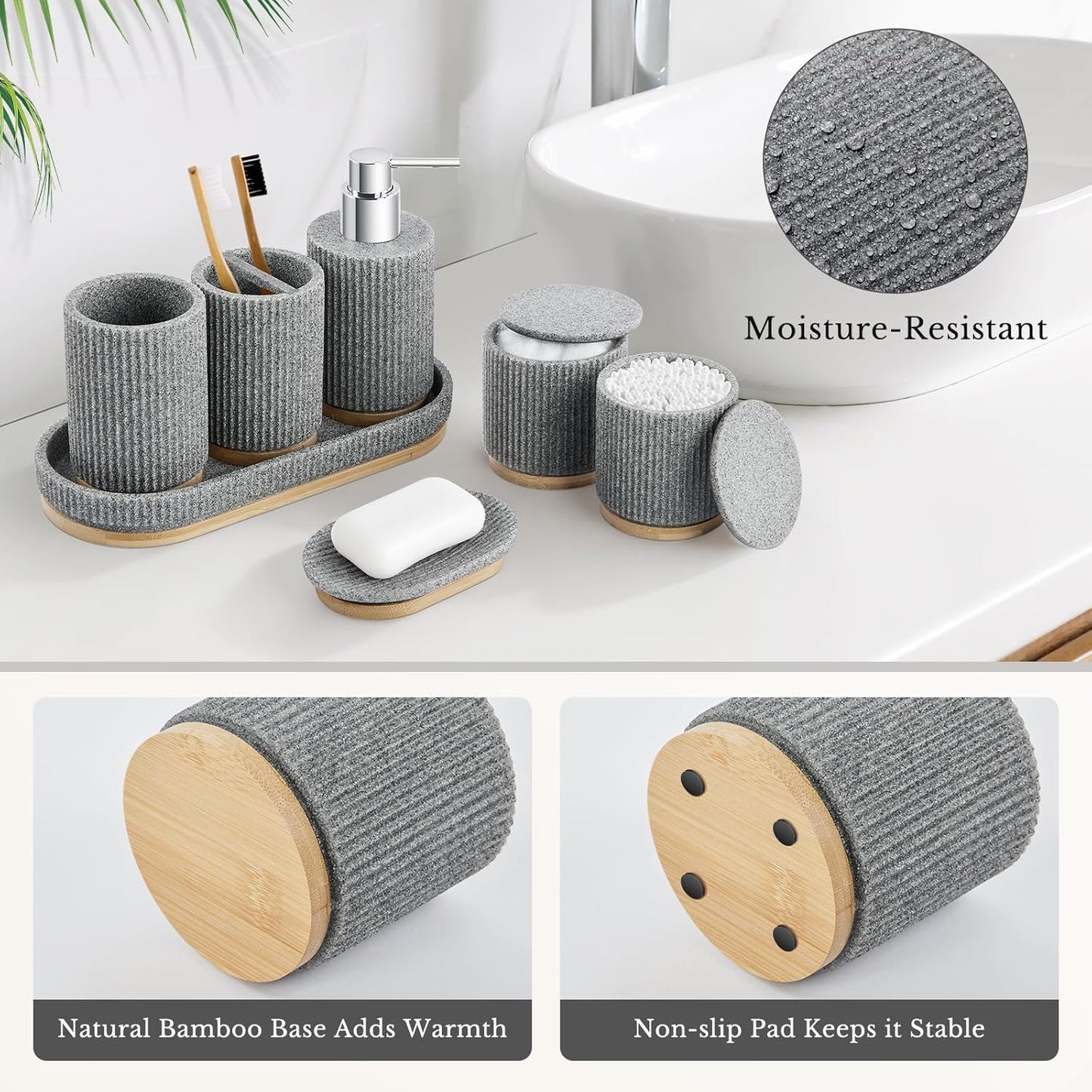 Bathroom Accessories Set, 7PCS Resin Bathroom Set with Bamboo Base, with Soap Dispenser, Q-tip Holder, Toothbrush Holder, Tumbler, Soap Dish, Vanity Tray, Complete Bathroom Set for Modern Decor,Grey