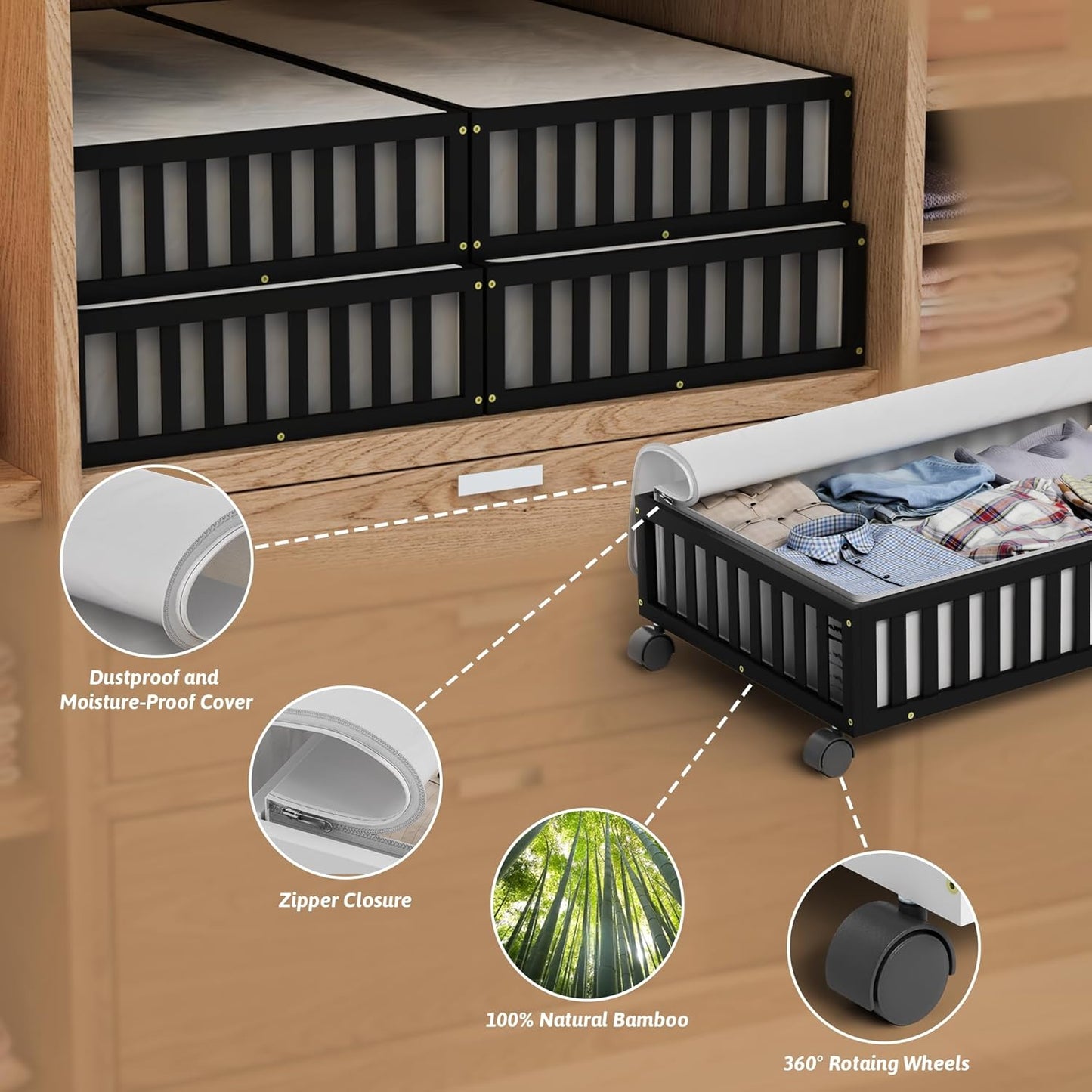 Bamboo Under Bed Storage Containers with Wheels, 1 Pack Large Under the Bed Shoe Storage Bins, Wood Rolling Underbed Drawers Organizer for Bedroom Closet Clothes Blanket Under Crib Toy Black