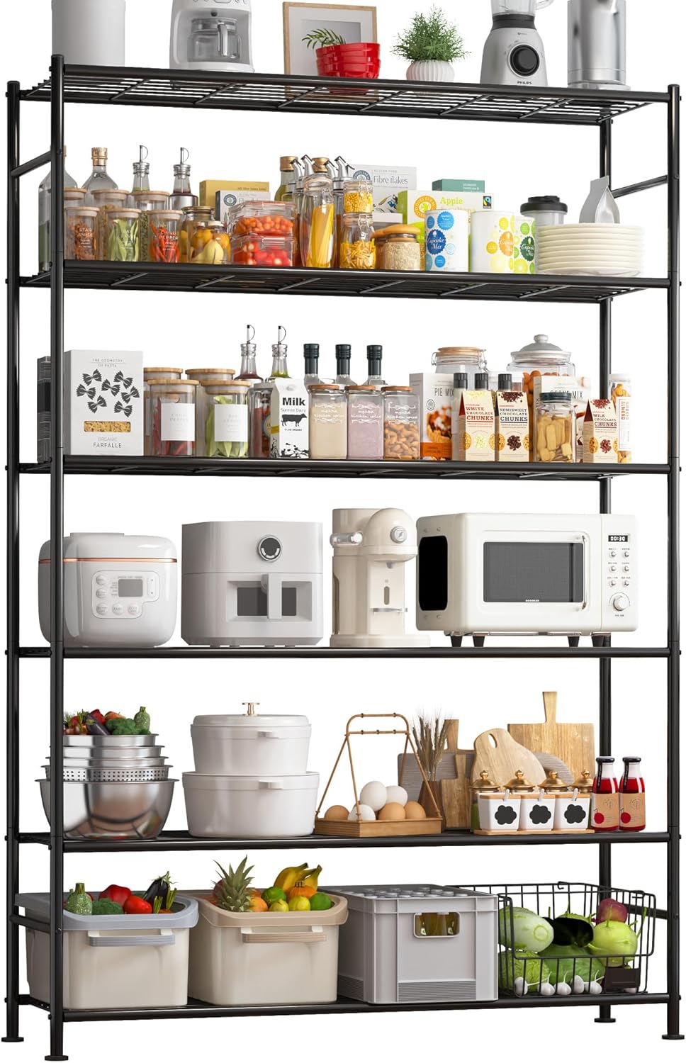 Storage Shelves - 6 Tier Shelf Organizer, Heavy Duty Garage Shelving Unit with Leveling Feet, Stable Metal Shelves Organizer for Pantry, Kitchen and Closet, 46.3" W x 12.6" D x 76.1" H, Black