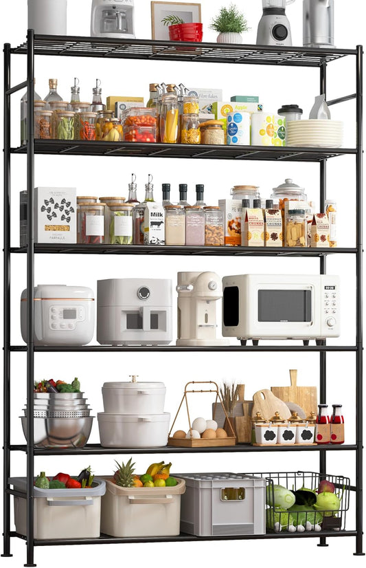 Storage Shelves - 6 Tier Shelf Organizer, Heavy Duty Garage Shelving Unit with Leveling Feet, Stable Metal Shelves Organizer for Pantry, Kitchen and Closet, 46.3" W x 12.6" D x 76.1" H, Black