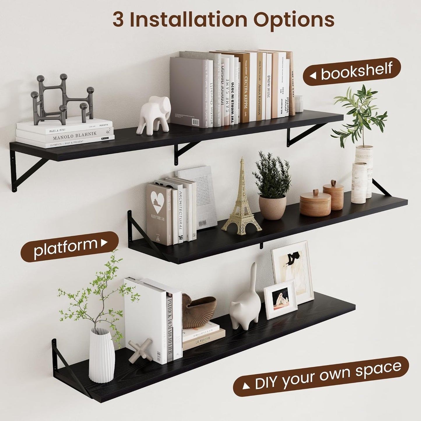 Axeman Floating Shelves for Wall Black- 55 Inch Wide x 12 Inch Deep Wall Shelves Set of 2 - Black Deep Wood Floating Shelves for Living Room Bedroom Laundry Room