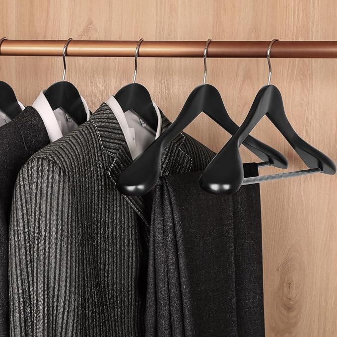 TOPIA HANGER Wide Shoulder Wooden Hangers, Suit Hangers with Non Slip Pants Bar & 360° Swivel Hook, Solid Wood Heavy Duty Coat Hanger, 6 Pack (Matte Black)-CT02B