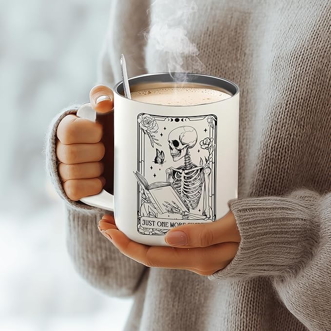 Hyturtle Book Gifts for Book Lovers, 12oz Insulated Stainless Steel Mug With Lid & Spoon, Funny Skeleton Birthday Christmas Gifts For Readers, One More Chapter, Reading Coffee Cup Present Keepsake