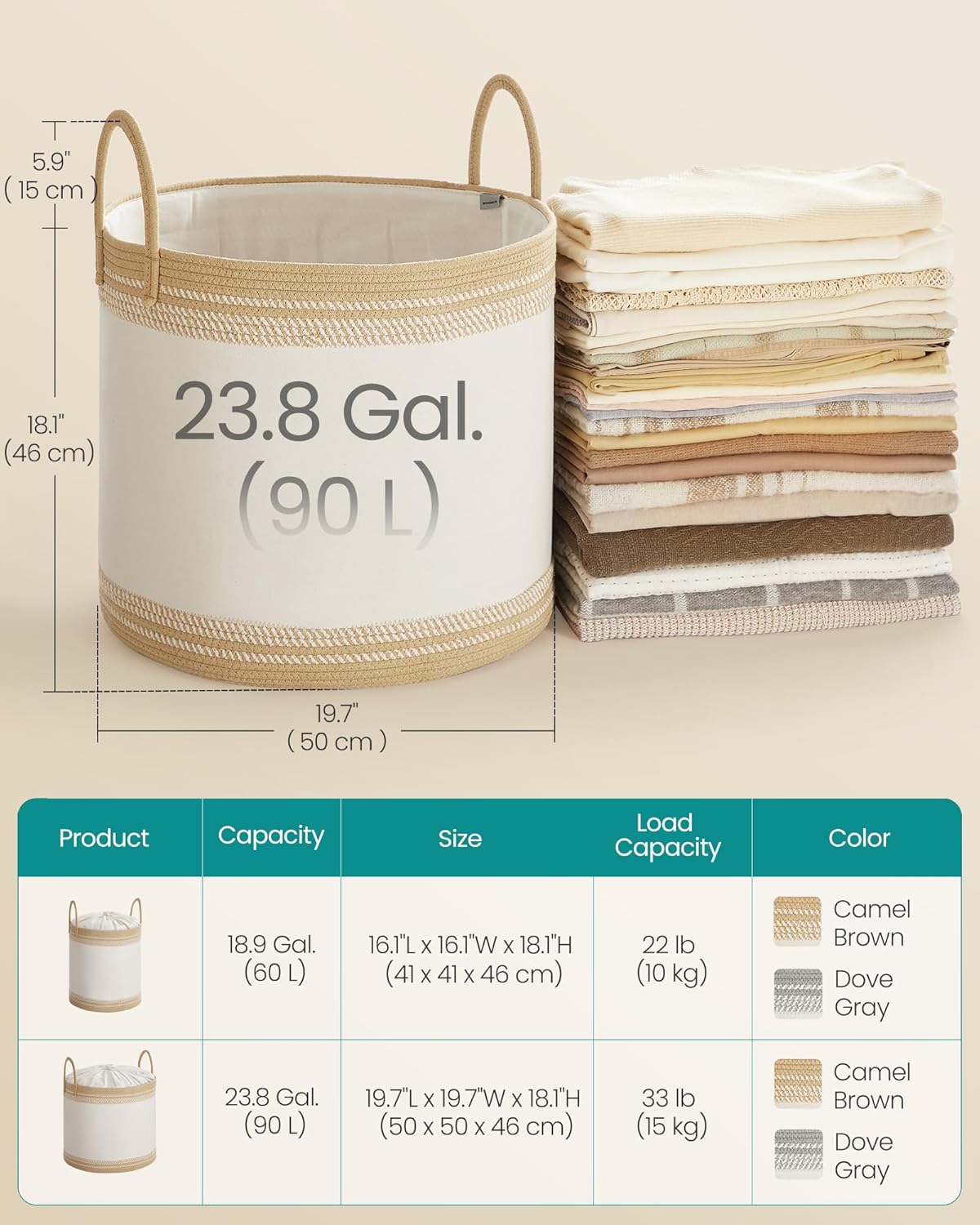 SONGMICS Laundry Hamper 90L, Laundry Basket with Handles, Laundry Bag with Lid, Cotton Rope, Drawstring, for Clothes, Blankets, Living Room, Bedroom, Tan URLH090K01