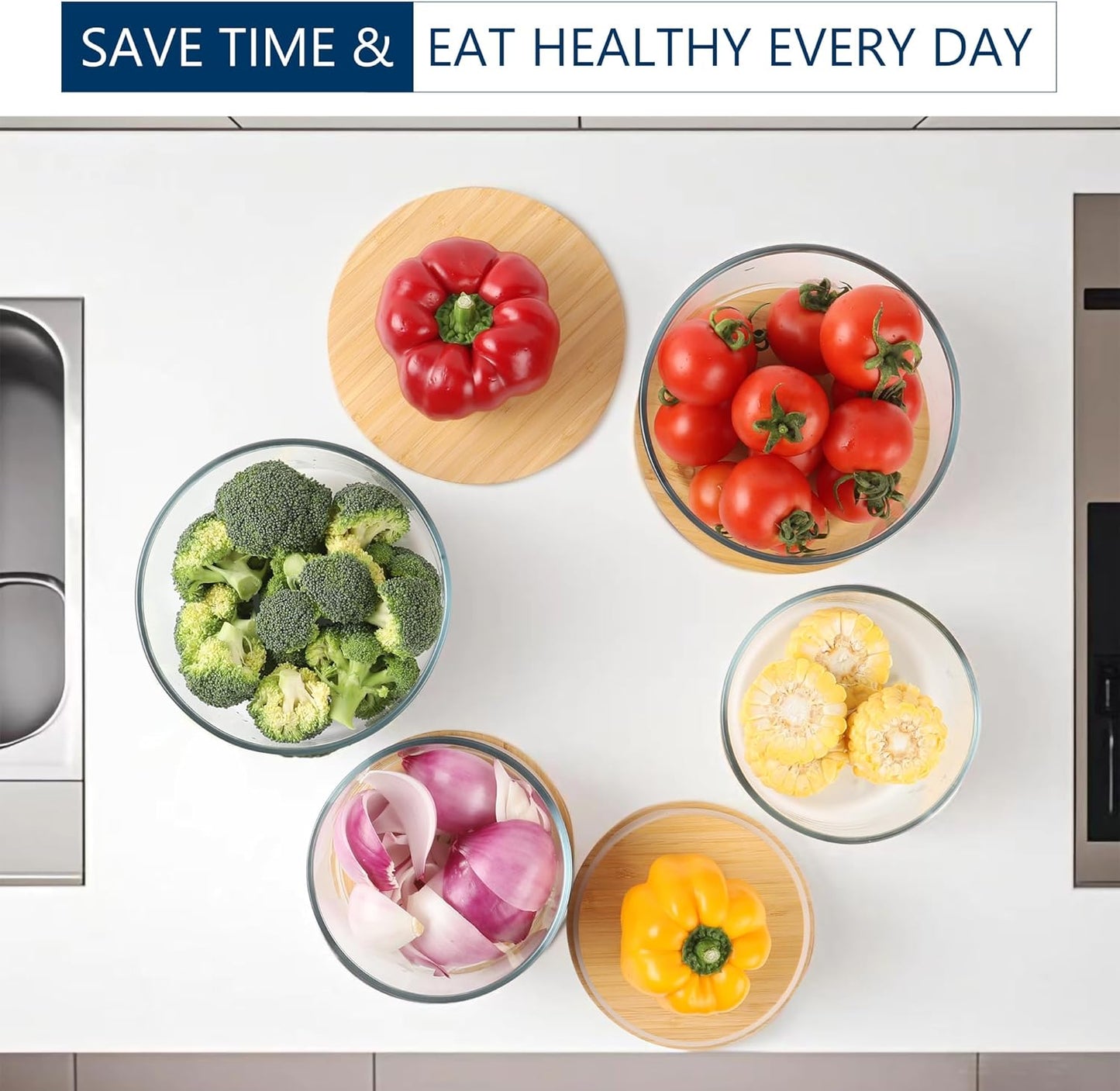 DE Glass Food Storage Containers with Bamboo Lids – 4 Pack Round (2x33oz + 2x60oz) – BPA-Free Borosilicate Glass Meal Prep Containers – Plastic-Free, Oven, Microwave, Freezer Safe